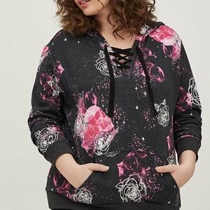 Lovesick Black and Pink Floral Lace-Up Hoodie